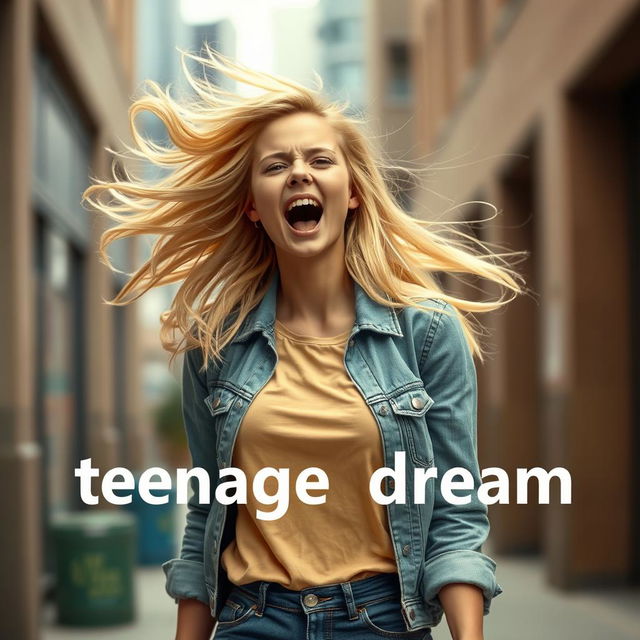 A realistic young blonde woman in her 20s, dressed in casual yet stylish everyday clothing, demonstrating her sonic scream ability