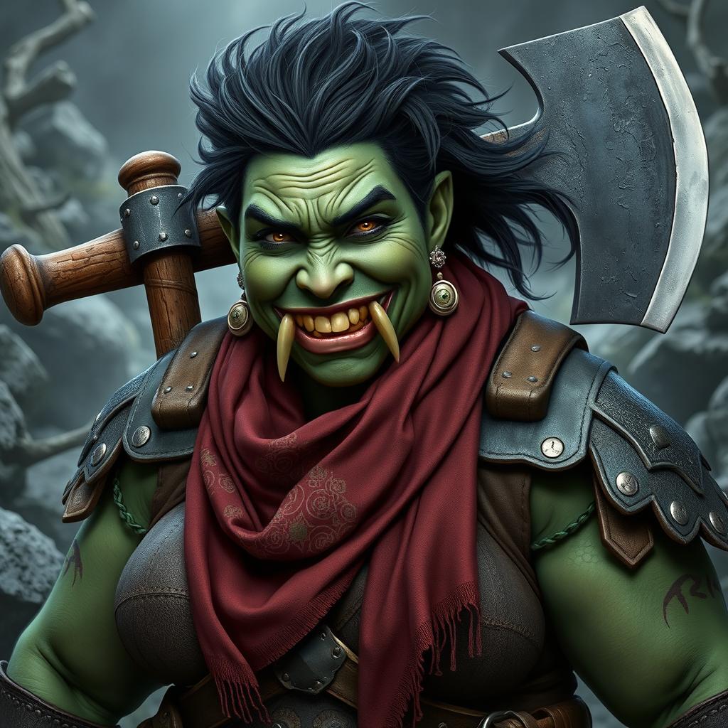 A photorealistic image of a very bulky female half-orc barbarian, defined by her pale green, almost black skin