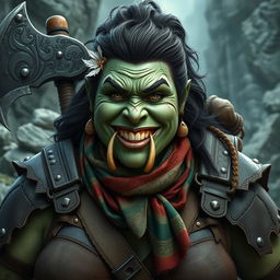 A photorealistic image of a very bulky female half-orc barbarian, defined by her pale green, almost black skin