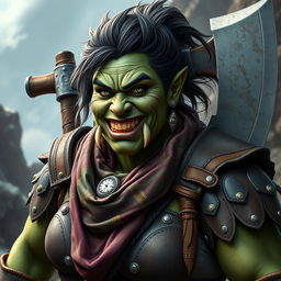 A photorealistic image of a very bulky female half-orc barbarian, defined by her pale green, almost black skin