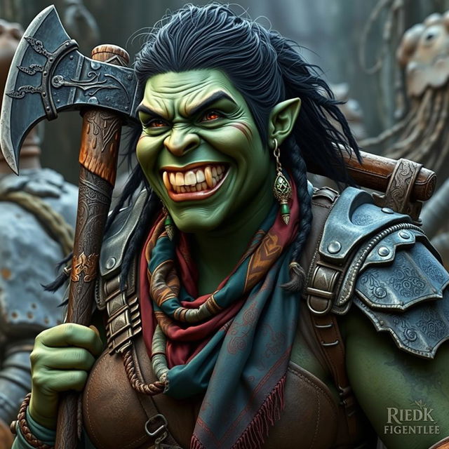 A photorealistic image of a very bulky female half-orc barbarian, defined by her pale green, almost black skin