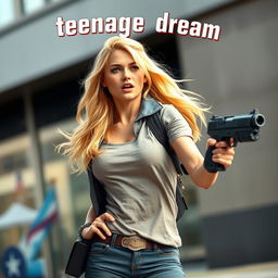 A realistic young blonde woman in her 20s, dressed in casual yet stylish clothing, embodying a superhero vibe reminiscent of the Marvel universe