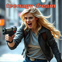 A realistic young blonde woman in her 20s, dressed in casual yet stylish everyday clothes, embodying a Marvel superhero vibe
