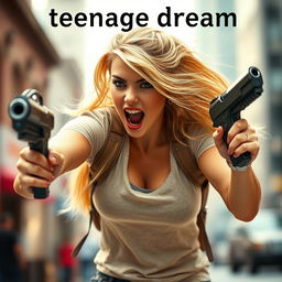 A realistic young blonde woman in her 20s, dressed in casual yet stylish everyday clothes, embodying a Marvel superhero vibe