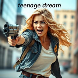 A realistic young blonde woman in her 20s, dressed in casual yet stylish everyday clothes, embodying a Marvel superhero vibe