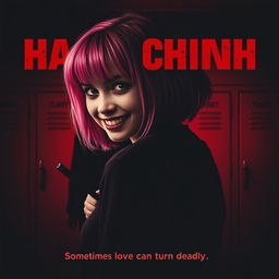 A gripping movie poster for a psychological thriller featuring a high school girl with vibrant pink hair, embodying both innocence and menace