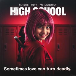 A gripping movie poster for a psychological thriller featuring a high school girl with vibrant pink hair, embodying both innocence and menace