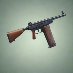 A detailed and realistic illustration of a Thompson submachine gun, placed on a serene background. Do not include any violent or harmful connotations