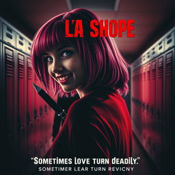 A gripping movie poster for a psychological thriller featuring a high school girl with vibrant pink hair, embodying both innocence and menace