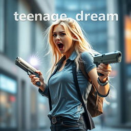 A highly realistic young blonde woman in her 20s, exuding a Marvel superhero presence