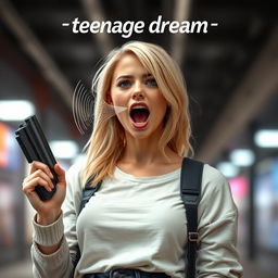 A highly realistic young blonde woman in her 20s, exuding a Marvel superhero presence