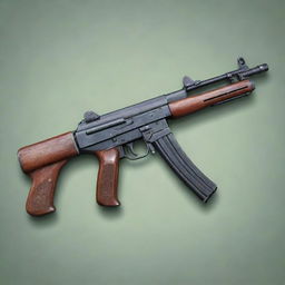 A detailed and realistic illustration of a Thompson submachine gun, placed on a serene background. Do not include any violent or harmful connotations