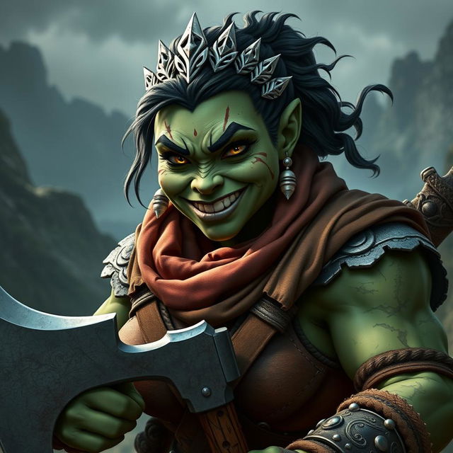 A photorealistic image of a bulky female half-orc barbarian, featuring her pale green, almost black skin and an expressive smile that showcases her crooked, sharp teeth