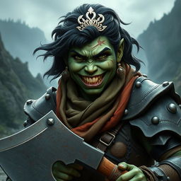 A photorealistic image of a bulky female half-orc barbarian, featuring her pale green, almost black skin and an expressive smile that showcases her crooked, sharp teeth