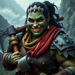 A photorealistic image of a bulky female half-orc barbarian, featuring her pale green, almost black skin and an expressive smile that showcases her crooked, sharp teeth