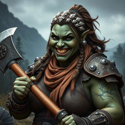 A photorealistic image of a bulky female half-orc barbarian, featuring her pale green, almost black skin and an expressive smile that showcases her crooked, sharp teeth