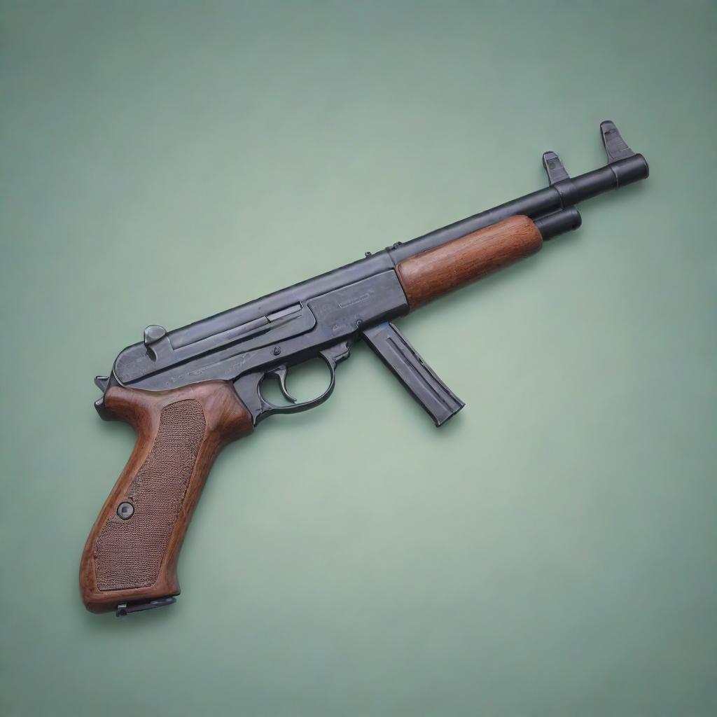 A detailed and realistic illustration of a Thompson submachine gun, placed on a serene background. Do not include any violent or harmful connotations