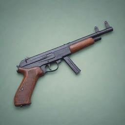 A detailed and realistic illustration of a Thompson submachine gun, placed on a serene background. Do not include any violent or harmful connotations