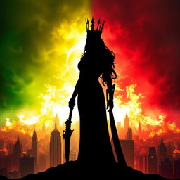 A silhouette of a powerful woman wearing a majestic crown, holding a weapon in one hand and a shimmering object in the other, standing confidently amidst a city engulfed in flames