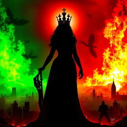 A silhouette of a powerful woman wearing a majestic crown, holding a weapon in one hand and a shimmering object in the other, standing confidently amidst a city engulfed in flames