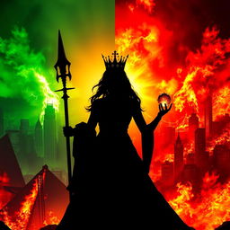 A silhouette of a powerful woman wearing a majestic crown, holding a weapon in one hand and a shimmering object in the other, standing confidently amidst a city engulfed in flames