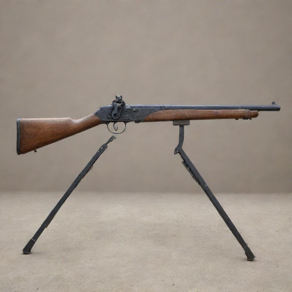 A highly detailed and historically accurate representation of a Chauchat gun, positioned against a backdrop devoid any violent or harmful symbolism