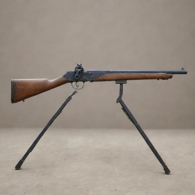 A highly detailed and historically accurate representation of a Chauchat gun, positioned against a backdrop devoid any violent or harmful symbolism