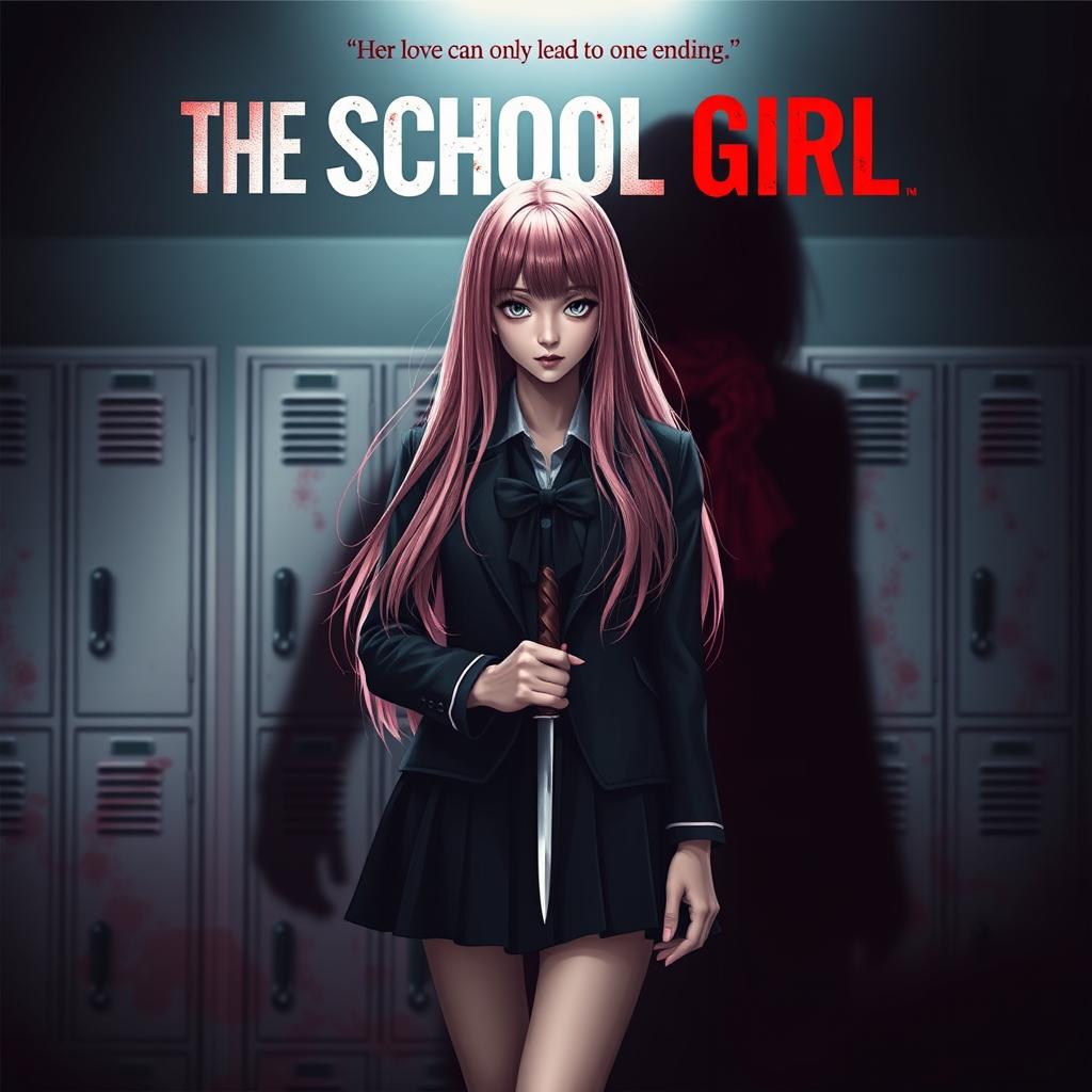 An eye-catching movie poster for 'The School Girl,' featuring a long pink-haired high school girl with a conflicted yet determined expression