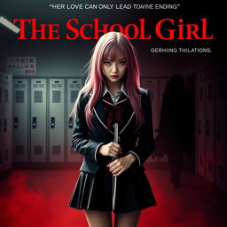 An eye-catching movie poster for 'The School Girl,' featuring a long pink-haired high school girl with a conflicted yet determined expression