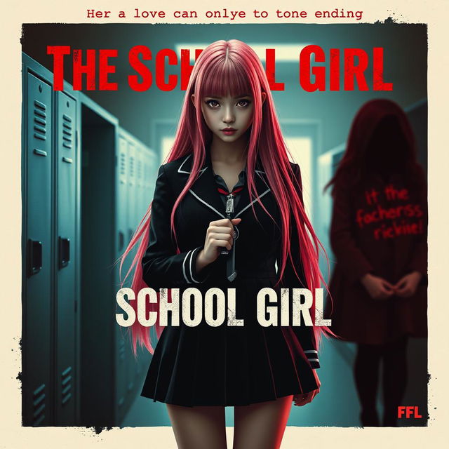 An eye-catching movie poster for 'The School Girl,' featuring a long pink-haired high school girl with a conflicted yet determined expression