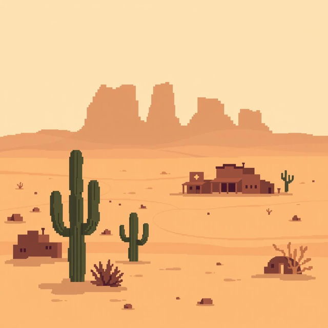 A 32x32 pixel minimalist pixel art image of a desert town set within a vast wasteland