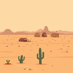 A 32x32 pixel minimalist pixel art image of a desert town set within a vast wasteland