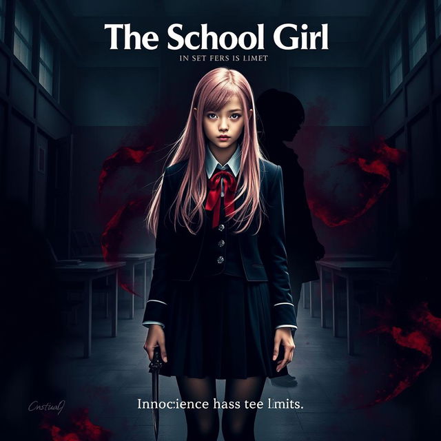 A striking movie poster for 'The School Girl,' featuring a long pink-haired high school girl with fair skin, embodying both innocence and a dark resolve