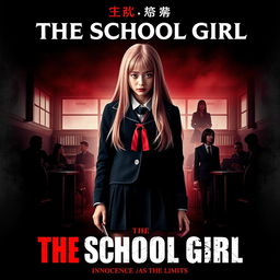A striking movie poster for 'The School Girl,' featuring a long pink-haired high school girl with fair skin, embodying both innocence and a dark resolve