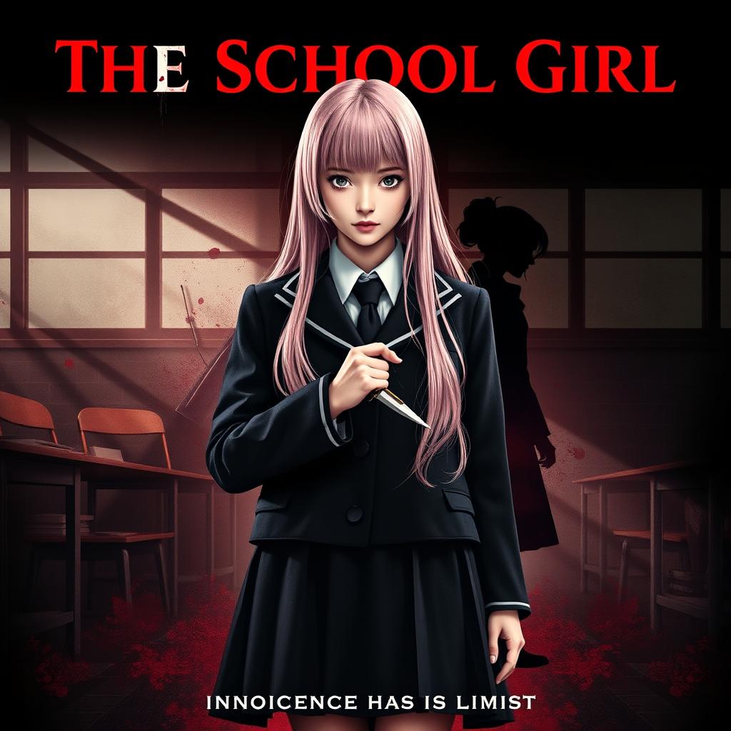 A striking movie poster for 'The School Girl,' featuring a long pink-haired high school girl with fair skin, embodying both innocence and a dark resolve