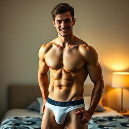 A handsome man posing confidently in his stylish underwear, showcasing an athletic physique