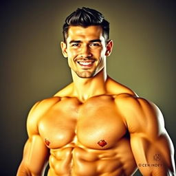 A muscular, handsome man standing confidently with an athletic build, featuring chiseled facial features and an appealing smile