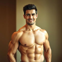 A muscular, handsome man standing confidently with an athletic build, featuring chiseled facial features and an appealing smile