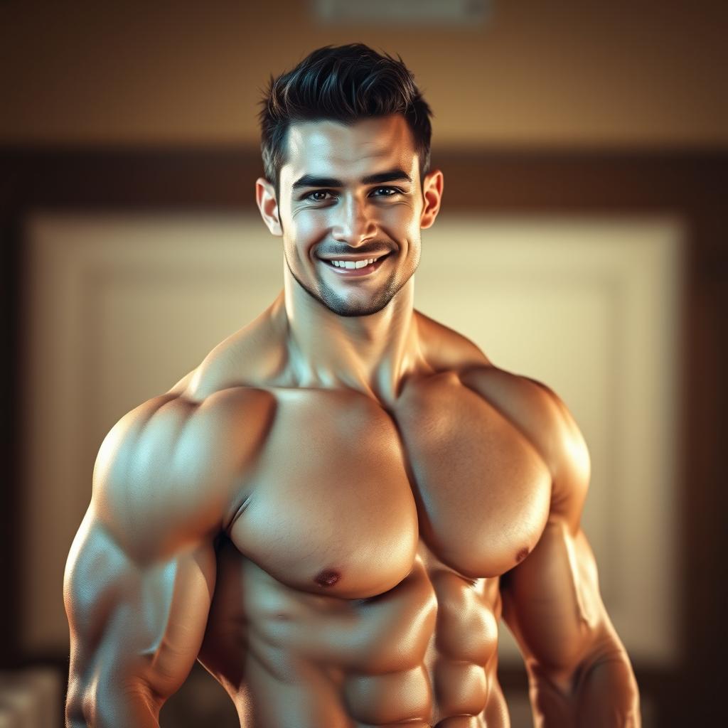 A muscular, handsome man standing confidently with an athletic build, featuring chiseled facial features and an appealing smile