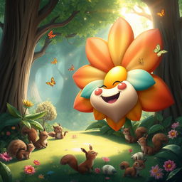 A surreal and whimsical fantasy world featuring a giant anthropomorphic flower with a vibrant, colorful design, smiling and interacting playfully with various smaller creatures like squirrels and butterflies, all surrounded by lush greenery and sparkling sunlight filtering through the trees