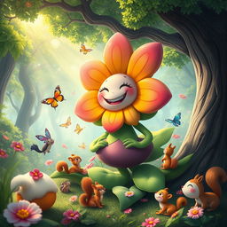 A surreal and whimsical fantasy world featuring a giant anthropomorphic flower with a vibrant, colorful design, smiling and interacting playfully with various smaller creatures like squirrels and butterflies, all surrounded by lush greenery and sparkling sunlight filtering through the trees