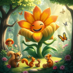 A surreal and whimsical fantasy world featuring a giant anthropomorphic flower with a vibrant, colorful design, smiling and interacting playfully with various smaller creatures like squirrels and butterflies, all surrounded by lush greenery and sparkling sunlight filtering through the trees