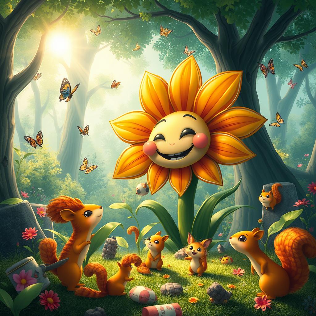 A surreal and whimsical fantasy world featuring a giant anthropomorphic flower with a vibrant, colorful design, smiling and interacting playfully with various smaller creatures like squirrels and butterflies, all surrounded by lush greenery and sparkling sunlight filtering through the trees