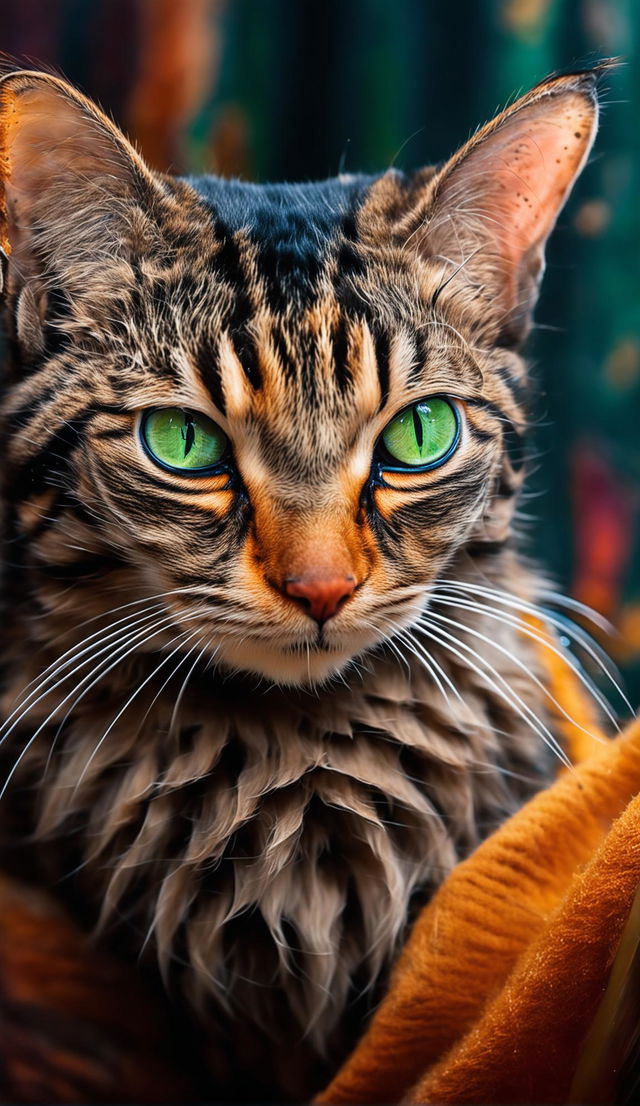 A photorealistic image of a domestic cat with glossy fur in hues of orange, cream, and brown. Its green eyes are wide and alert, and its face is expressive. The background is blurred out to focus on the cat.