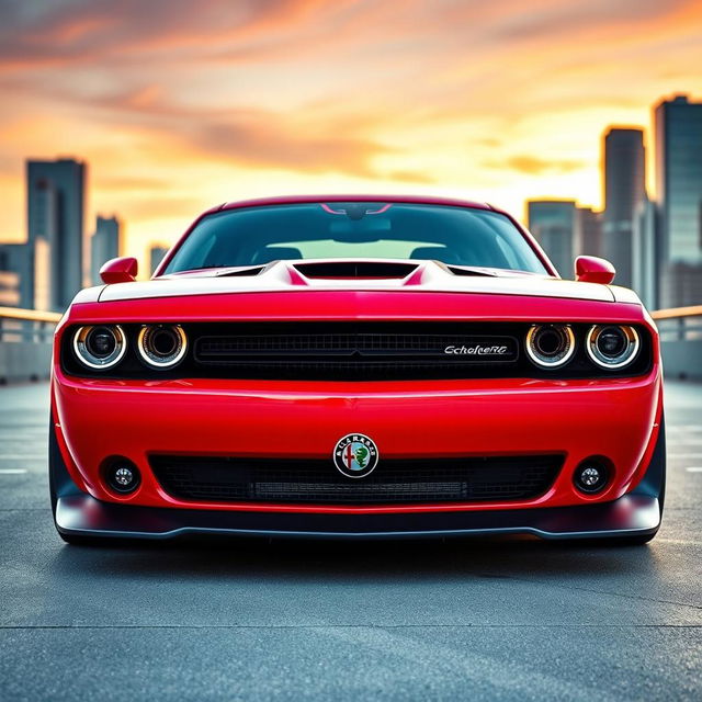 A striking Dodge Challenger widebody featuring an Alfa Romeo style bumper with the iconic 'scudetto' emblem in the center