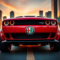 A striking Dodge Challenger widebody featuring an Alfa Romeo style bumper with the iconic 'scudetto' emblem in the center