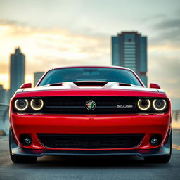 A striking Dodge Challenger widebody featuring an Alfa Romeo style bumper with the iconic 'scudetto' emblem in the center