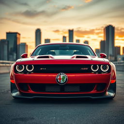A striking Dodge Challenger widebody featuring an Alfa Romeo style bumper with the iconic 'scudetto' emblem in the center