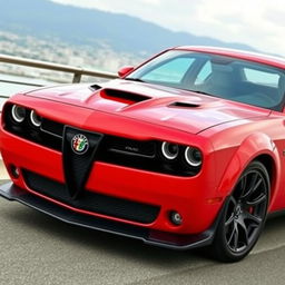 A Dodge Challenger Widebody, featuring an Alfa Romeo style bumper embellished with a prominent 'scudetto' badge, painted in a vibrant red color