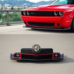 A Dodge Challenger Widebody, featuring an Alfa Romeo style bumper embellished with a prominent 'scudetto' badge, painted in a vibrant red color
